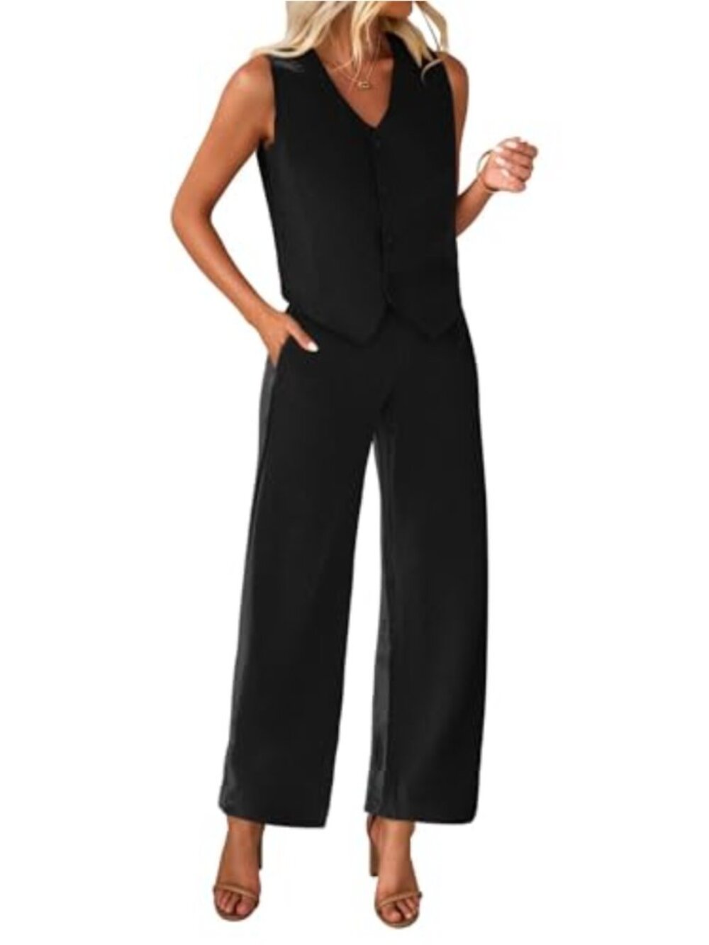 Womens 2 Piece Wide Leg Pants Suit Crop Vest Blazer Set Button V Neck